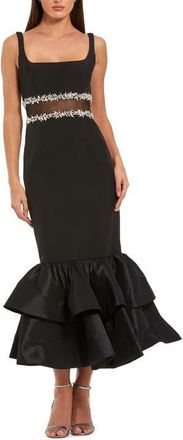 Mac Duggal Petite Satin Gown With Pearl Neckline and Bow Detail in Black at Nordstrom, Size 10P
