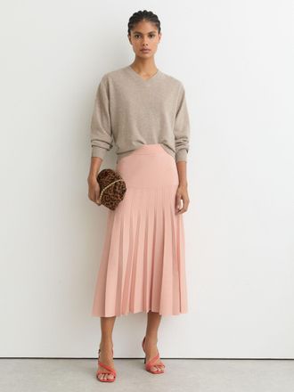 Reiss Pink Knitted Stripe Pleated Midi Skirt, XS