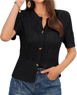 Grace Karin Women Casual Short Sleeve Cardigan Button Up Sweater Knitted Shrugs Black M
