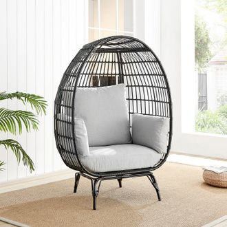 Furniturebox Grey Rattan Garden Egg Chair in PE Resin Rattan for Outdoors & 15cm Luxuriously Thick Cushions - Patio Chair in Black