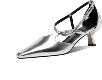 TinaCus Genuine Leather Adjustable Belt Buckle Handmade Mid Heels Womens Stylish Pumps Shoes, Silver, 1.5 UK