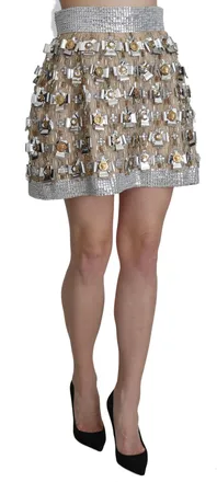 Dolce & Gabbana Womens Silver Silk Crystal High Waist Mini Skirt