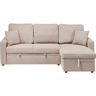 Beliani Divano letto angolare moderno a sinistra rivestimento in poliestere effetto lino cuscini extra e contenitore marrone chiaro NASSJO