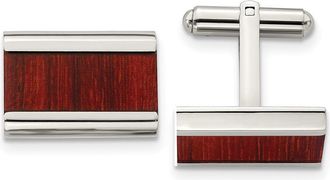 Diamond2Deal Stainless Steel Polished Red Orange Koa Wood Inlay Rectangle Cufflinks