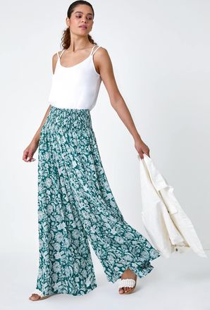 Roman Floral Leaf Shirred Palazzo Stretch Trouser