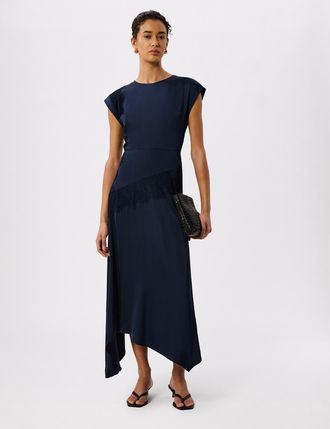 Whistles Lace Insert Asymmetric Midi Dress in Navy at Nordstrom, Size 12