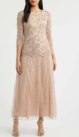 Pisarro Nights Beaded Chiffon Mock Two-Piece Dress in Blush at Nordstrom, Size 18