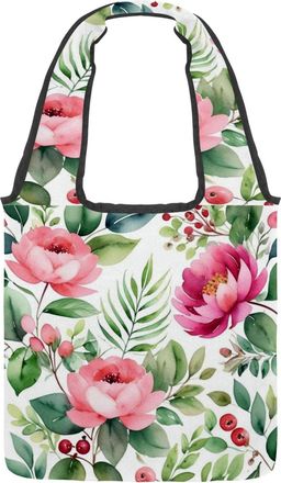 Generic Flowers and Green Leaves Reversible Canvas Shoulder Tote - Double-Sided Print, 12oz Cotton, 27cm Drop, Fold-Flat Bag for Travel, Shopping, Street Outi
