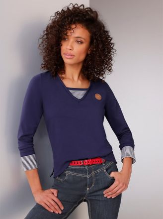 Cr&eacute;ation L Langarmshirt CREATION L PREMIUM Pima-Baumwoll-Shirt, Damen, Gr. 38, blau (marine), 95% Baumwolle, 5% Elasthan, gemustert, unifarben, V-Ausschnitt, Shi
