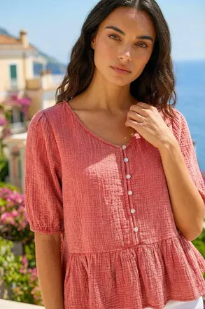 Roman Buttoned Front Peplum Top