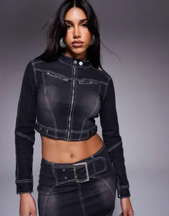 Liquor & Poker contrast stitch biker jacket with buckle detail in washed black