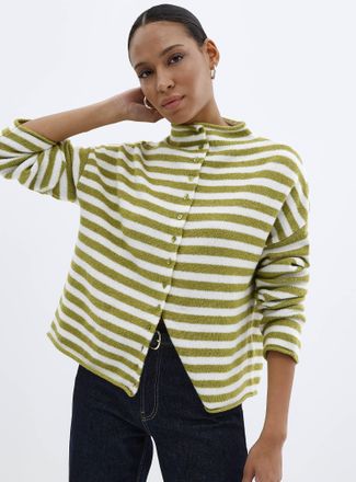 Contemporaine Womens Striped funnel neck Cardigan Sweater