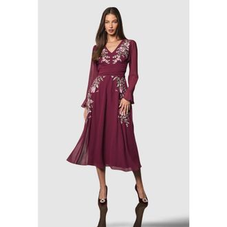 Coast Wrap Waist Embroidered Midi Dress in Wine at Nordstrom, Size 10
