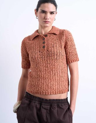 Topshop Polo in maglia color ruggine con filato effetto fettuccia-Arancione