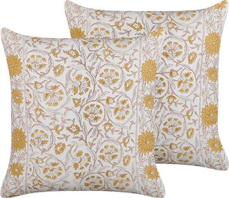 Beliani Conjunto De 2 Cojines De Algod&oacute;n Blanco Amarillo Marr&oacute;n 45 X 45 Cm A Mano Calathea