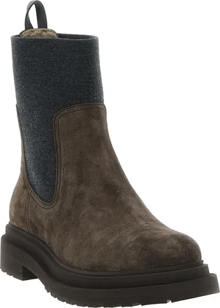 Brunello Cucinelli Calfskin and Knit Ankle Boot - Brown