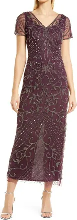 Pisarro Nights Beaded Mesh Column Gown in Wine 601 at Nordstrom, Size 12
