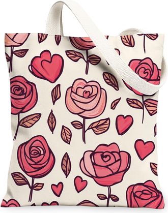 Generic Valentines Day Rose Floral Canvas Tote Bag for Shopping 13x15, Vintage Romantic Flower Reusable Grocery Print Bag for Women, Holiday Beach Aesthetic P