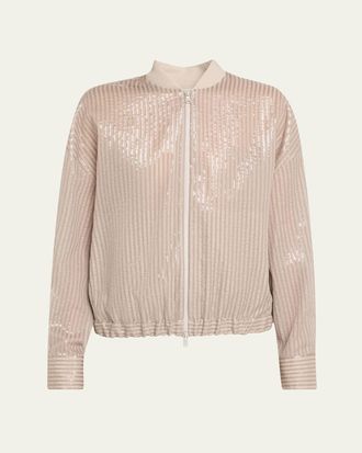 Brunello Cucinelli Stripe Sequined Organza Bomber Jacket