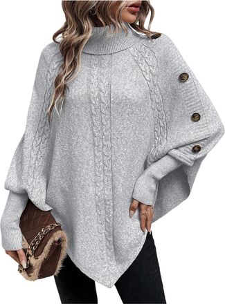 Generic Womens Turtleneck Button Detail Poncho, Oversized Asymmetrical Turtleneck Pullover Sweater, Fall Winter Casual Fashion Tops (Gray,L)