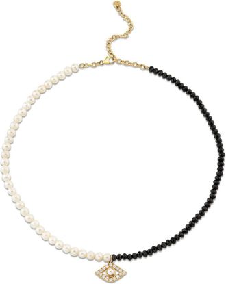 Sydney Evan Evil Eye pearl necklace - women - Freshwater Pearl/Black Spinel/White Diamond/14kt Yellow Gold - One Size