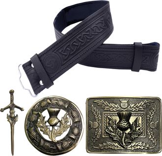 Generic Kilt Belt and Buckle Set - Scottish Thistle Embossed Leather Belt, Handmade Pewter Plaid Brooch with Antique Celtic Knot Buckles, Antique Silver Finis