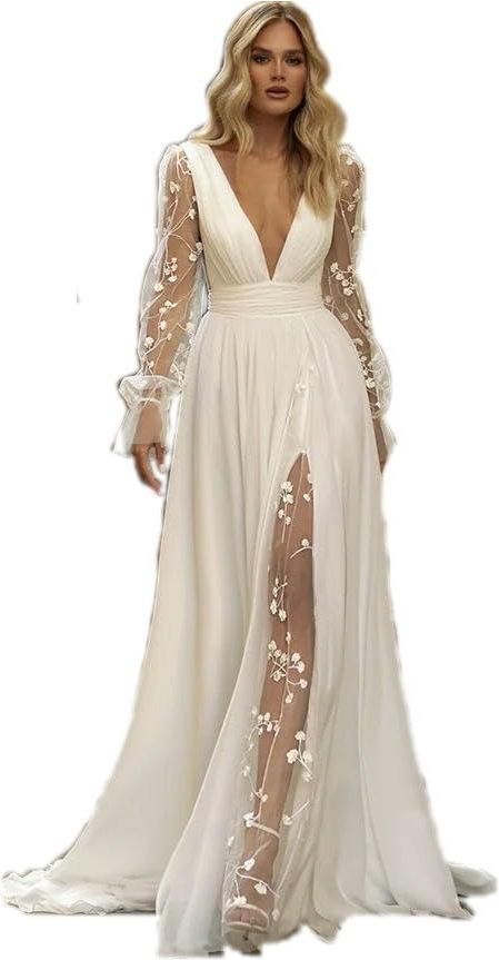ZBDZSW Elegant Wedding Dresses Women Lace V-Neck Open Back Long Sleeve Bridal Gowns Train Applique White
