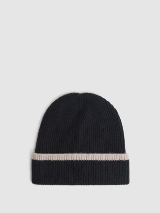 Reiss Black & camel Wool Ribbed Beanie Hat, One Size