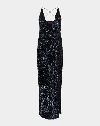 Halston Heritage Katri Draped Open-Back Sequin Column Gown