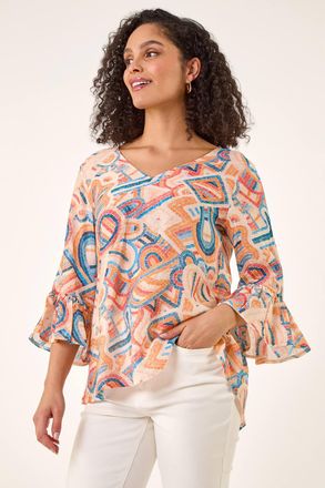 Roman Geometric Print Flute Sleeve Top
