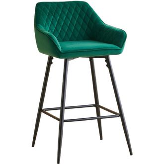 Ainpecca 1X Velvet Barstools Fabric Upholstered seat with Backrest Armrest Black Metal Legs Kitchen Breakfast Counter Chairs Green - Ainpecca