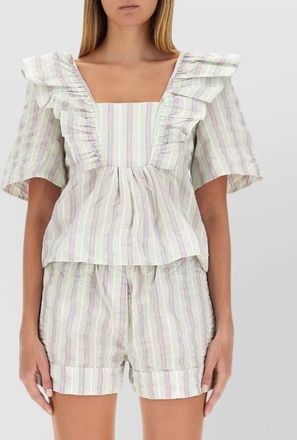 Ganni square neckline striped ruffle blouse