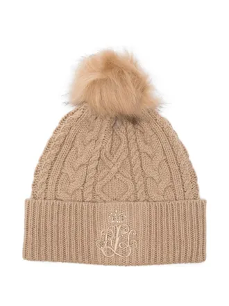 Lauren Ralph Lauren cable-knit pompom beanie - women - Metallised Fibres/Cotton/Wool/Polyester/Nylon - One Size - Brown