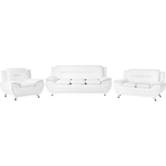 Beliani 6 Seater Sofa Set White Vegan Eco Leather Sofa Couch Armchair Silver Metal Legs Easy Clean Modern Glam Style Living Room LEIRA