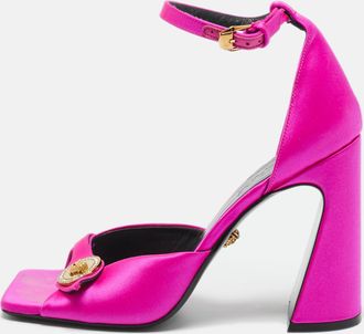 Versace Pink Satin Medusa Block Heel Ankle Strap Sandals