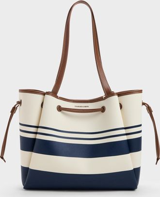 Charles & Keith Hanya Canvas Striped Drawstring Tote Bag