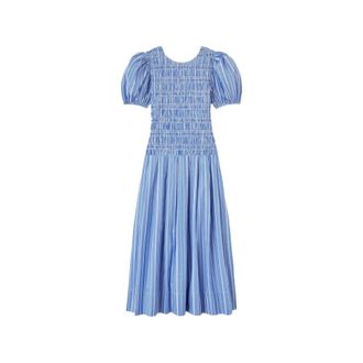 Ganni Jurk met smockdetail en strepen - Dames - Casual kleedjes - Blauw - XS - Katoen - Kleedjes