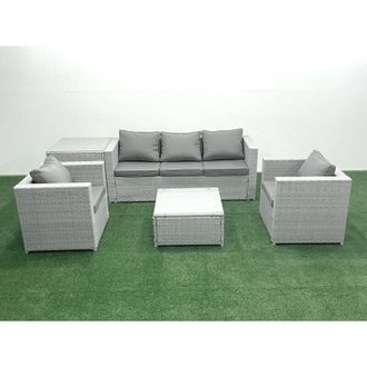Fimous 5 Seater Rattan Garden Furniture Set with 3 Seater Sofa 2 Chair Square Coffee Table Side Table Light Grey Mixed - Fimous