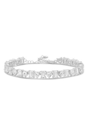 SHYMI Heart & Emerald Cubic Zirconia Tennis Bracelet in Silver/White at Nordstrom, Size 6