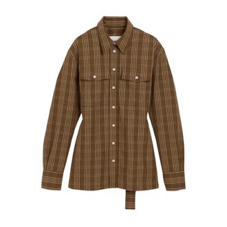 Ami Overhemden, Dames, Bruin, L, Wol, Gestreepte Wol Ballonmouw Getailleerd Shirt