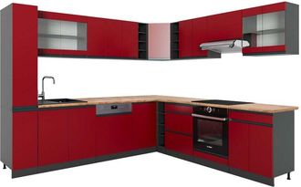 Vicco Cocina Esquinera R-line, Rojo/antracita, 257 X 277 Cm J-shape, Et Roble