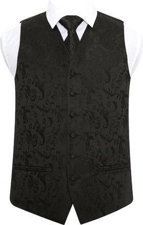 DQT Men Woven Floral Patterned Wedding Waistcoat & Neck Tie Set, Black, Medium