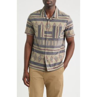 Dark Seas Palmetto Geo Pattern Cotton Camp Shirt in Aloe/brown at Nordstrom, Size Xx-Large