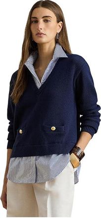 Lauren Ralph Lauren Layered Button-Trim Cotton Sweater Womens Clothing Refined Navy/ : XS