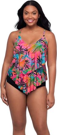 Trimshaper Ronnie 2 Tier Ruffle Tankini Swimsuit Top in Amazonian Palms at Nordstrom, Size 12