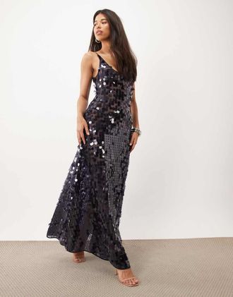 Asos vestito maxi con scollo rotondo e paillettes sparse in blu notte-blu navy