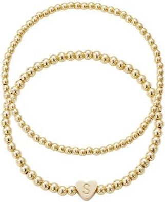 Adornia Initial Heart Charm Beaded Chain Bracelet Set in Gold-S at Nordstrom Rack