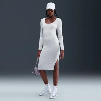 Nike Womens Nike Sportswear Chill Knit Tight Long-Sleeve Midi Mini-Rib Dress in Brown | HV2799-051