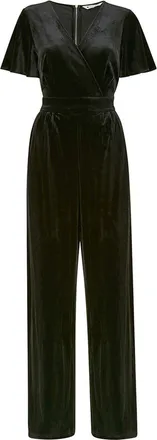 Yumi Jumpsuit voor dames met overslag, van fluweel, V-hals en engelenmouwen (Zwart)