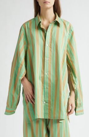 SETCHU Safari Stripe Oversize Cotton & Silk Button-Up Shirt at Nordstrom, Size 4
